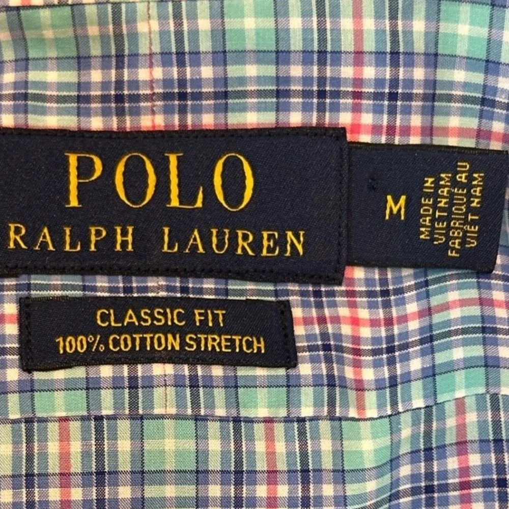 Polo Ralph Lauren Button Down Shirt Medium Mens Blue Green Plaid Cotton Stretch
